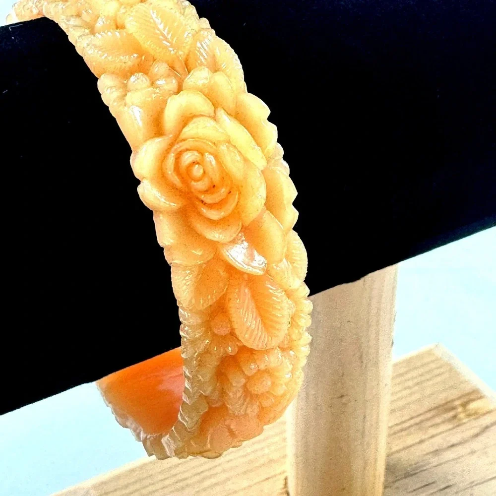 Vintage Celluloid Carved Floral Rose Bangle Bracelet Pastel Peach '20s-40s 7.75